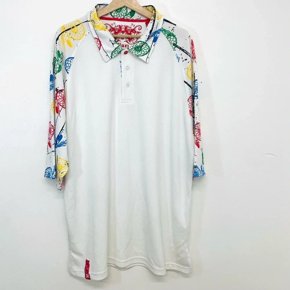 Blues Mens Polo 2XL White Printed Colorful Stretch Casual Travel Vacation Work‎